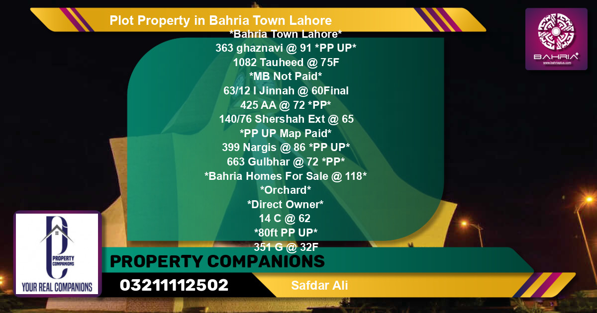 Residential Plot for Sale in Bahria Town, Lahore - (BP-44031)