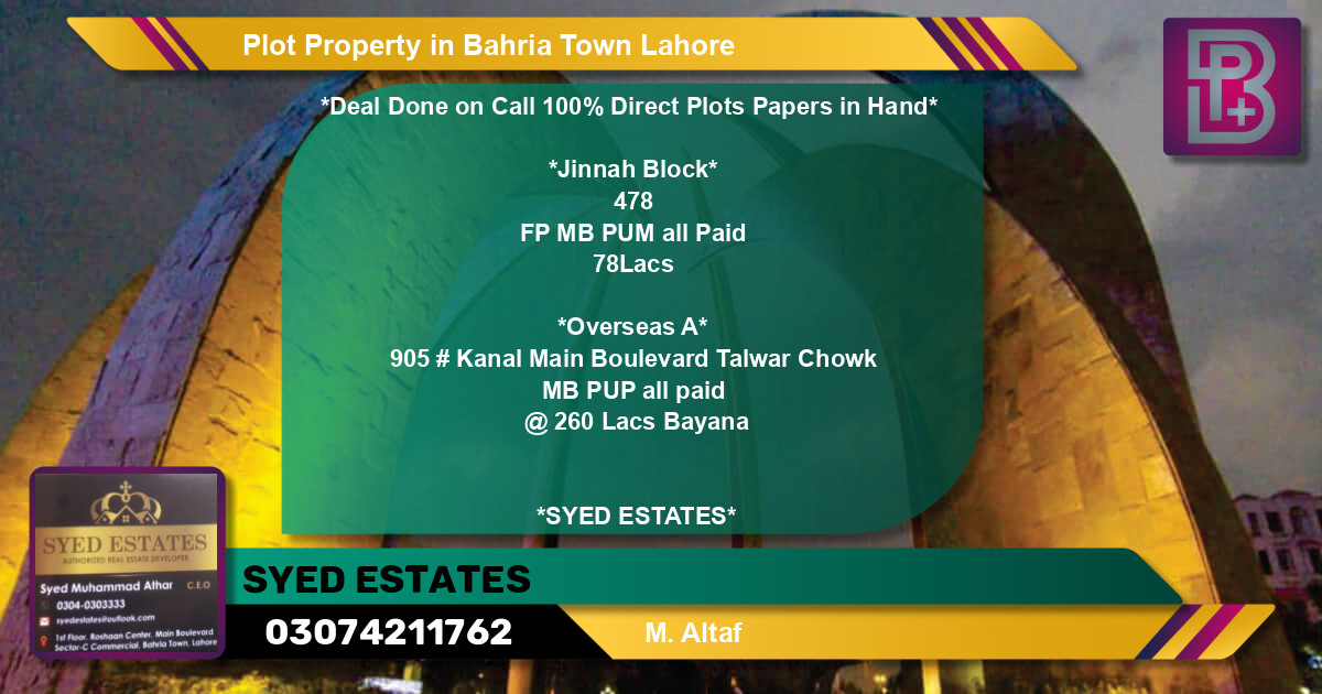 Residential Plot for Sale in Bahria Town, Lahore - (BP-46688)