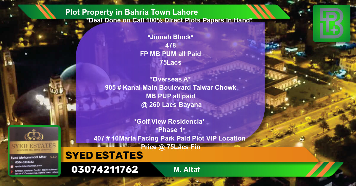 Residential Plot for Sale in Bahria Town, Lahore - (BP-46824)
