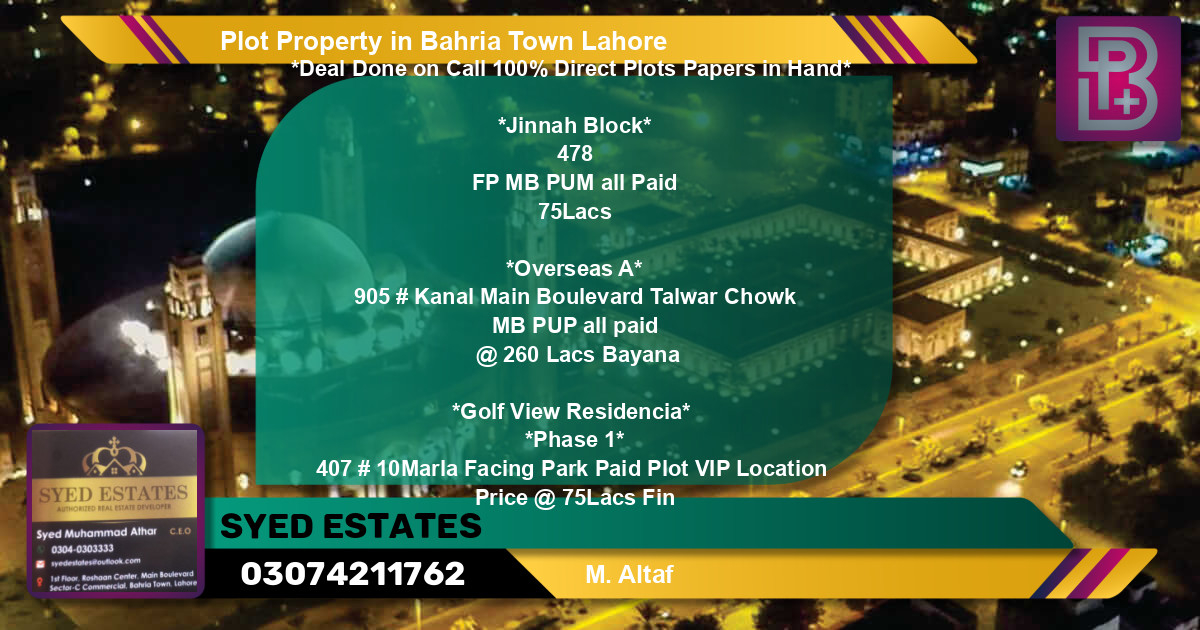 Residential Plot for Sale in Bahria Town, Lahore - (BP-46904)
