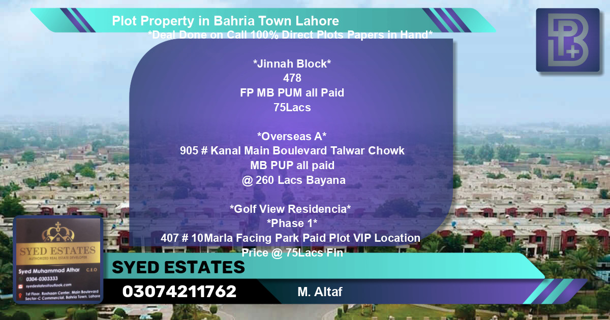 Residential Plot for Sale in Bahria Town, Lahore - (BP-47746)
