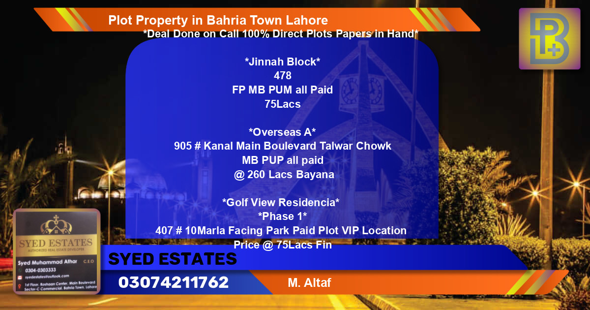 Residential Plot for Sale in Bahria Town, Lahore - (BP-47904)