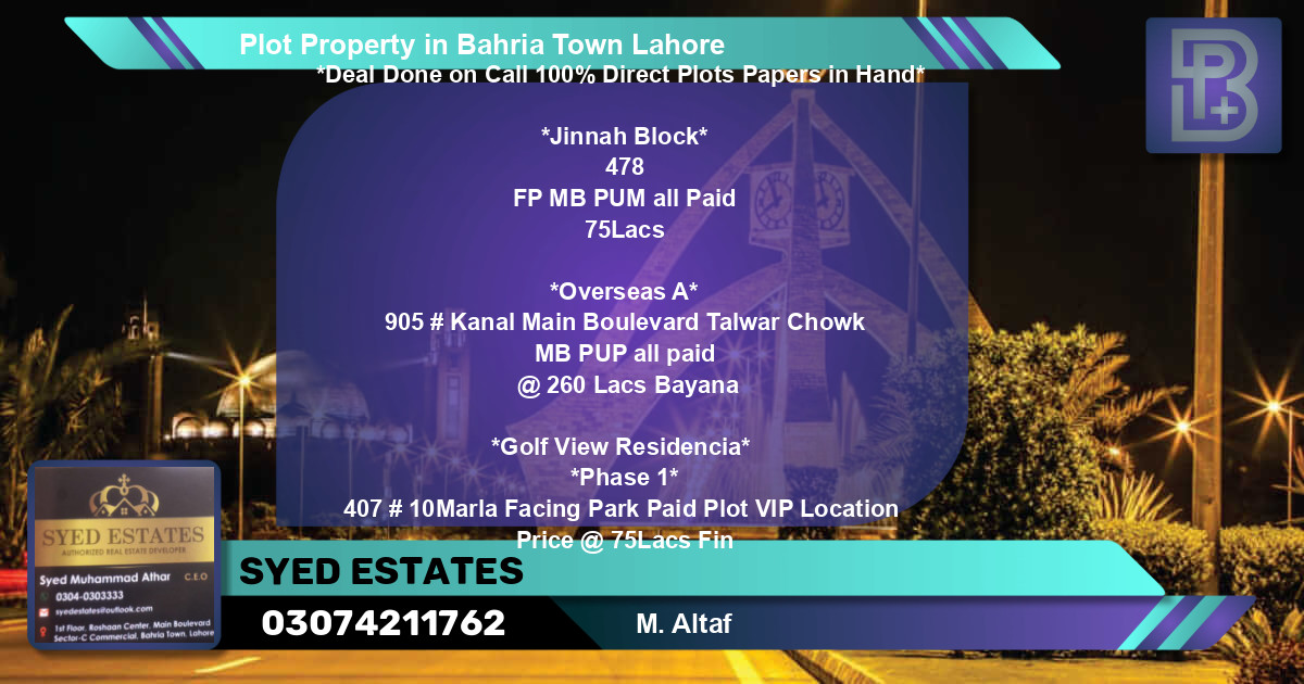 Residential Plot for Sale in Bahria Town, Lahore - (BP-47918)