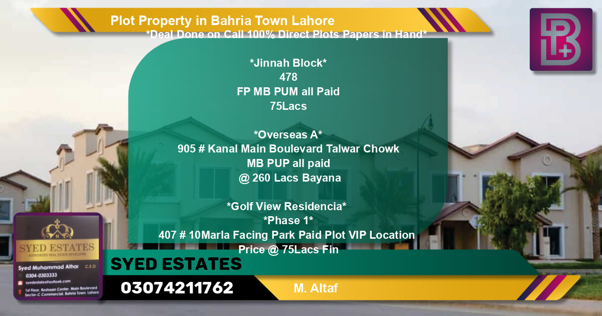 Residential Plot for Sale in Bahria Town, Lahore - (BP-47923)