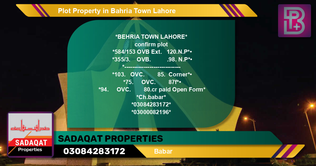 Residential Plot for Sale in Bahria Town, Lahore - (BP-47988)