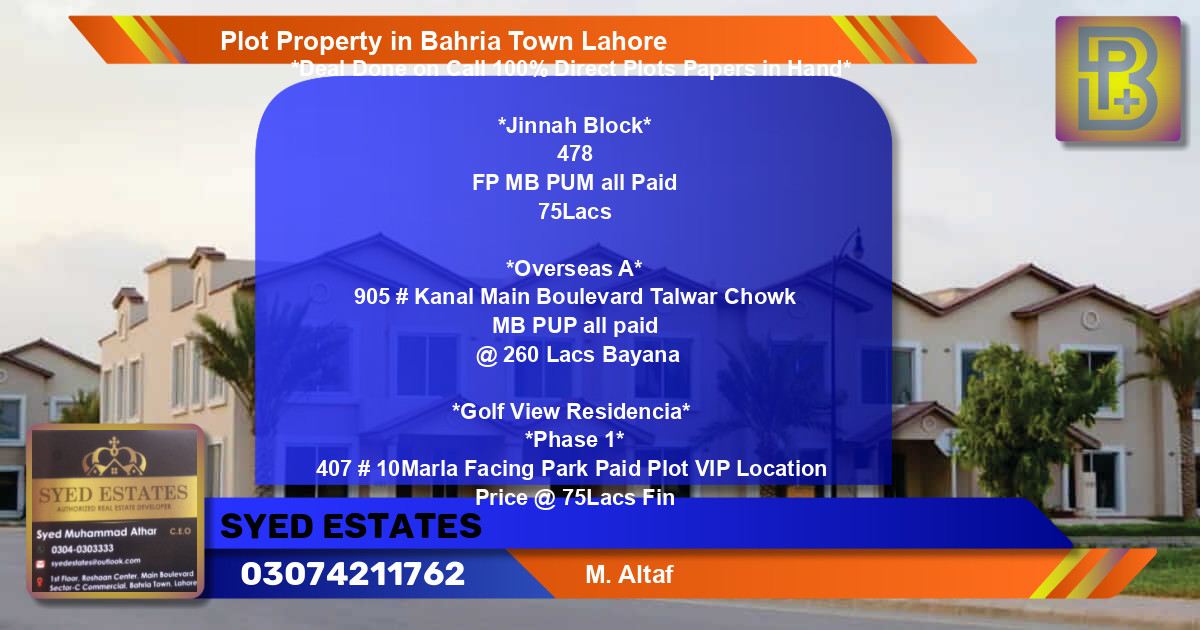 Residential Plot for Sale in Bahria Town, Lahore - (BP-48457)