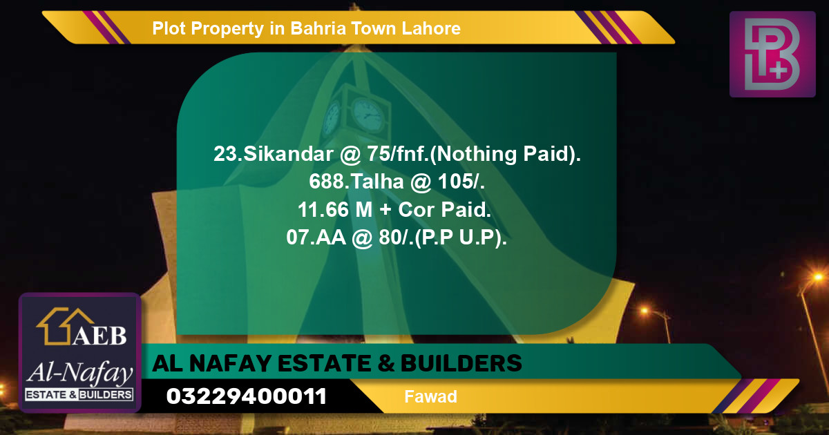 Residential Plot for Sale in Bahria Town, Lahore - (BP-56495)
