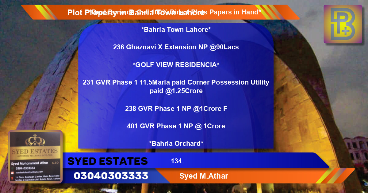 Residential Plot for Sale in Bahria Town, Lahore - (BP-64093)