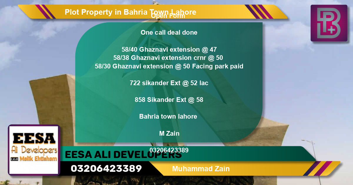 Residential Plot for Sale in Bahria Town, Lahore - (BP-66229)