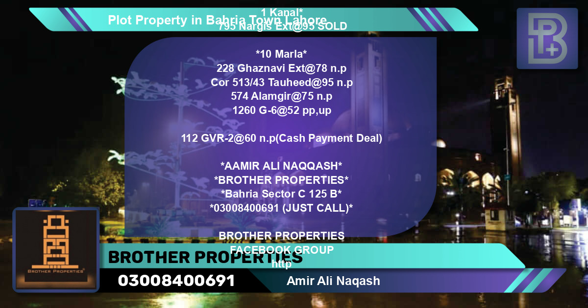 Residential Plot for Sale in Bahria Town, Lahore - (BP-72432)
