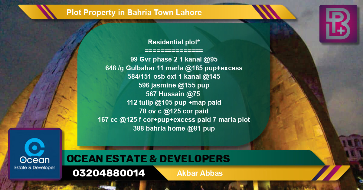 Residential Plot for Sale in Bahria Town, Lahore - (BP-73922)