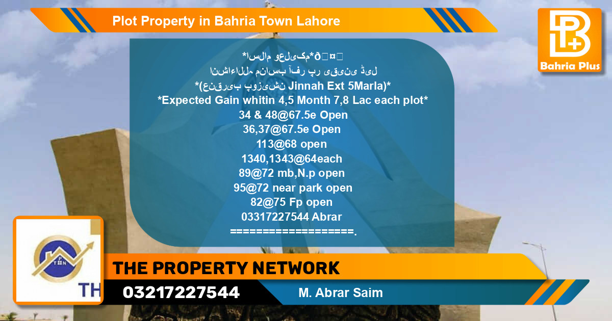 Residential Plot for Sale in Bahria Town, Lahore - (BP-77454)