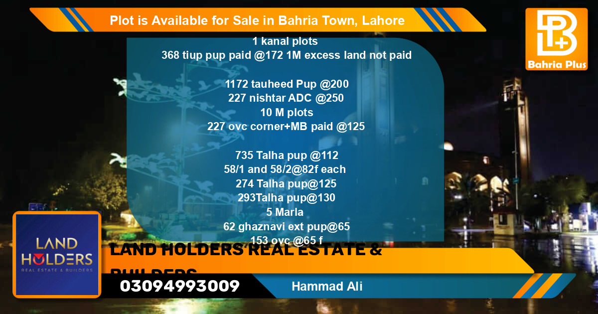 Residential Plot for Sale in Bahria Town, Lahore - (BP-85998)