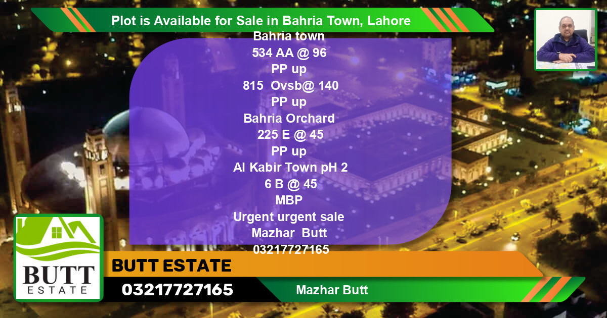 Residential Plot for Sale in Bahria Town, Lahore - (BP-86076)