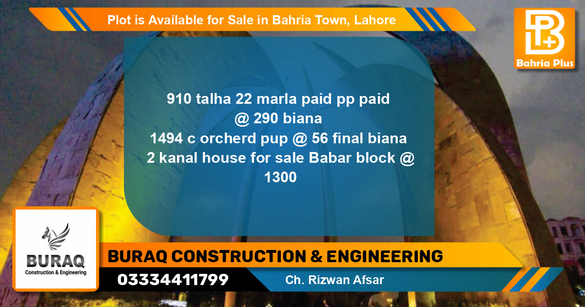 Residential Plot for Sale in Bahria Town, Lahore - (BP-86085)