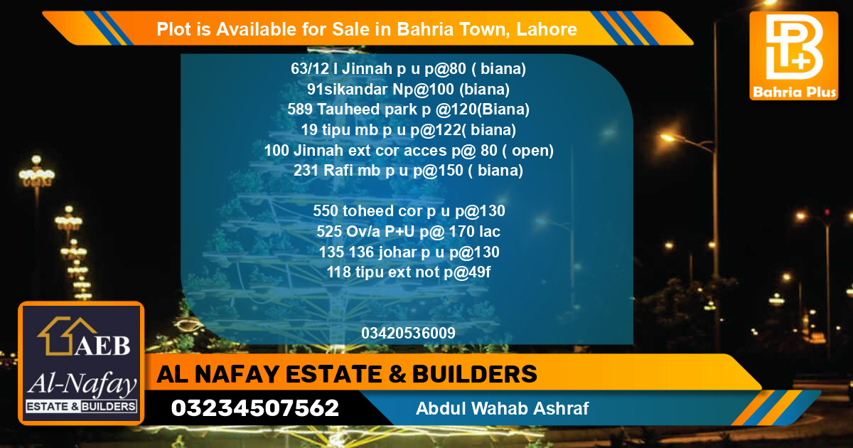 Residential Plot for Sale in Bahria Town, Lahore - (BP-86096)