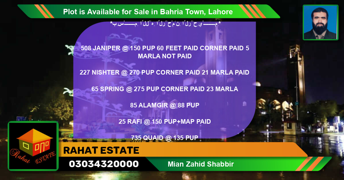 Residential Plot for Sale in Bahria Town, Lahore - (BP-86216)