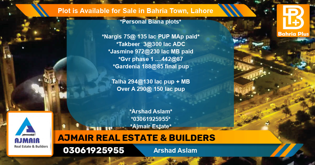Residential Plot for Sale in Bahria Town, Lahore - (BP-86292)