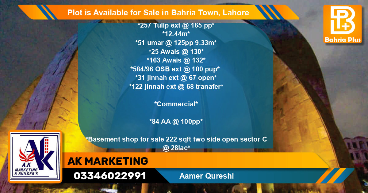Commercial Plot for Sale in Bahria Town, Lahore - (BP-86485)