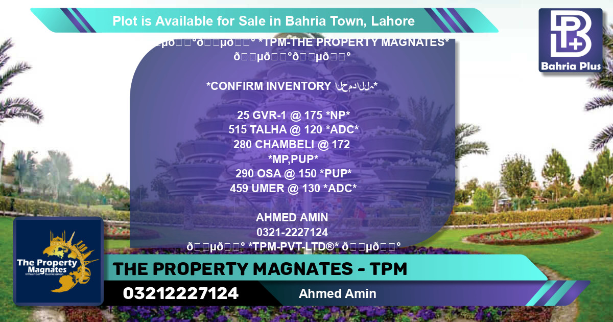 Residential Plot for Sale in Bahria Town, Lahore - (BP-86548)