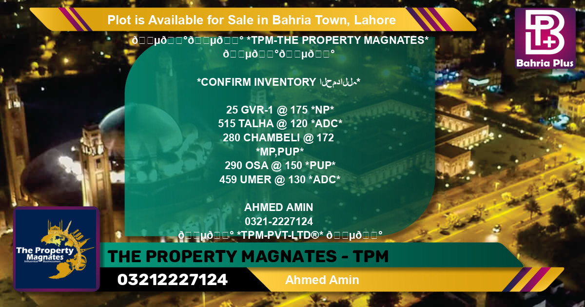 Residential Plot for Sale in Bahria Town, Lahore - (BP-86609)