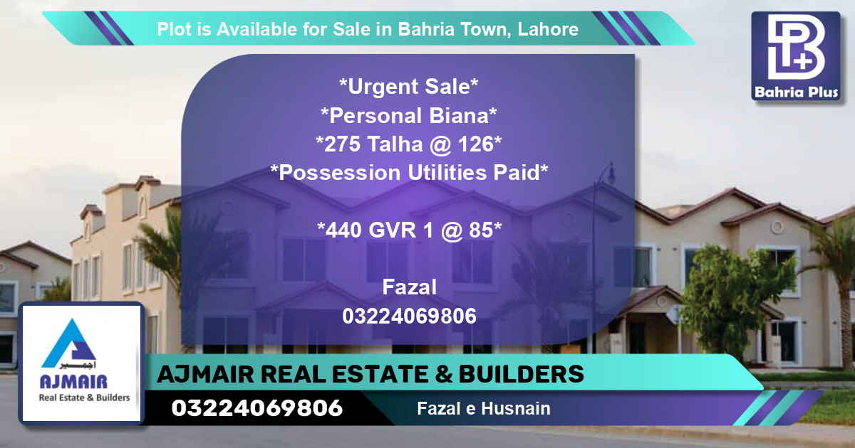 Residential Plot for Sale in Bahria Town, Lahore - (BP-86704)