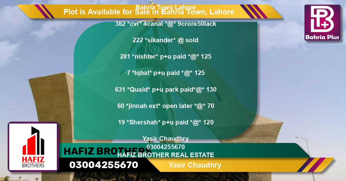 Residential Plot for Sale in Bahria Town, Lahore - (BP-86944)