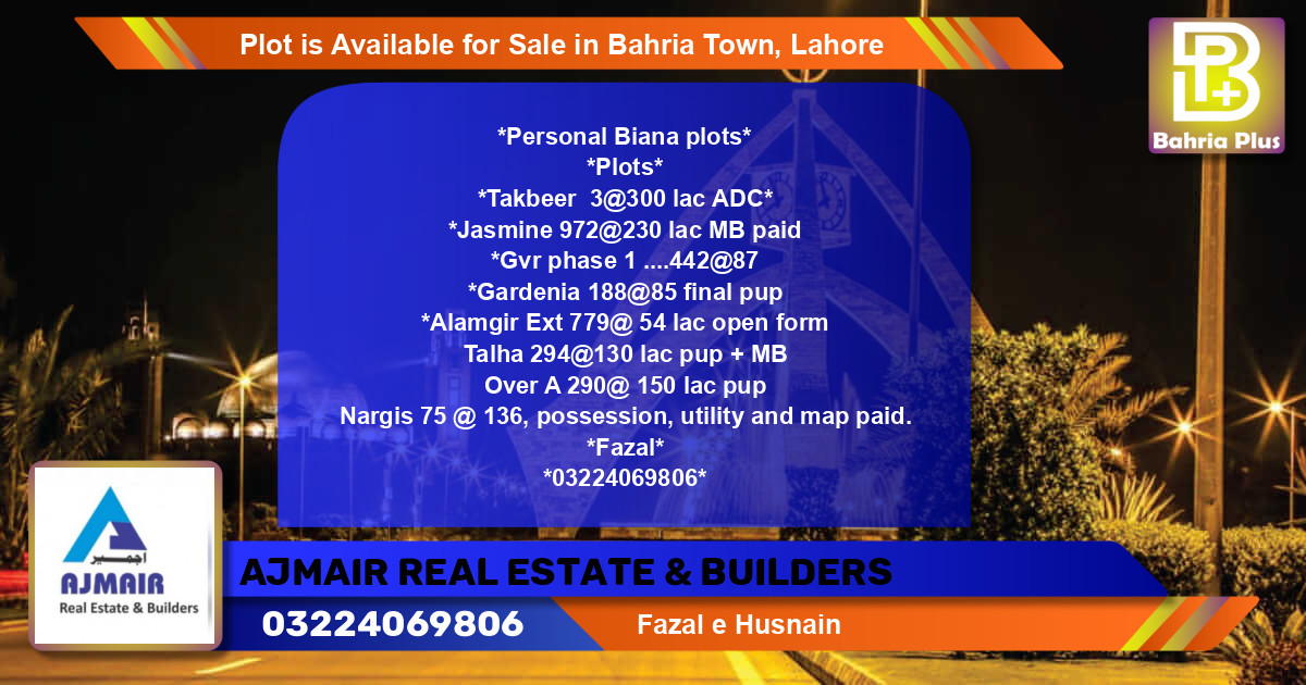 Residential Plot for Sale in Bahria Town, Lahore - (BP-86951)