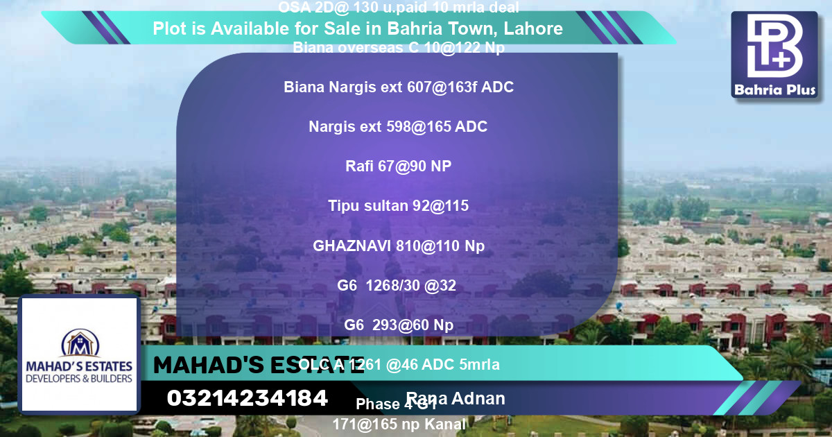 Residential Plot for Sale in Bahria Town, Lahore - (BP-87389)