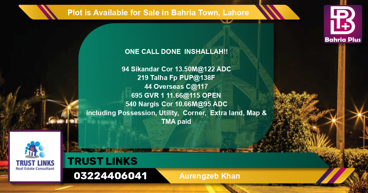 Residential Plot for Sale in Bahria Town, Lahore - (BP-87526)