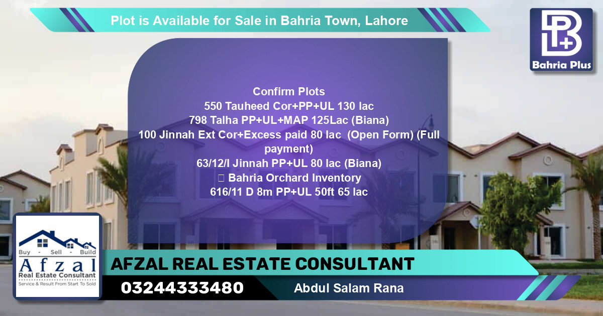 Residential Plot for Sale in Bahria Town, Lahore - (BP-87684)