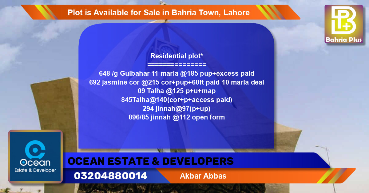 Residential Plot for Sale in Bahria Town, Lahore - (BP-87702)