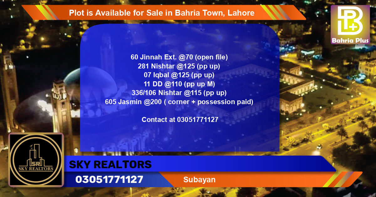 Residential Plot for Sale in Bahria Town, Lahore - (BP-87761)