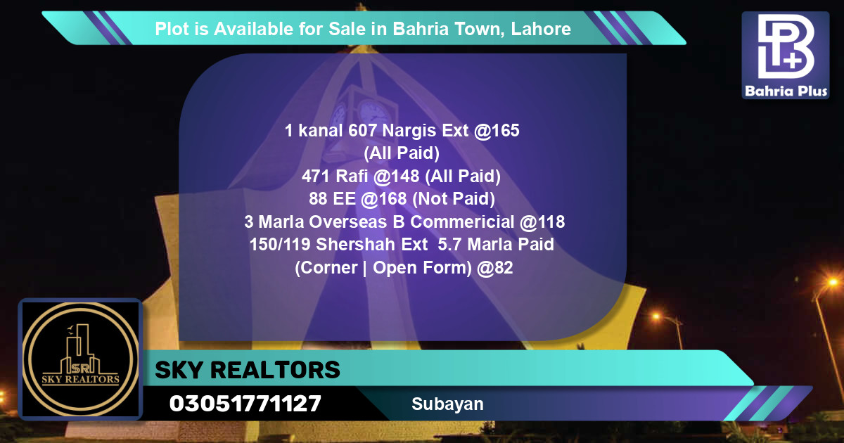 Residential Plot for Sale in Bahria Town, Lahore - (BP-87769)