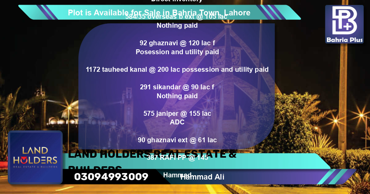 Residential Plot for Sale in Bahria Town, Lahore - (BP-87973)