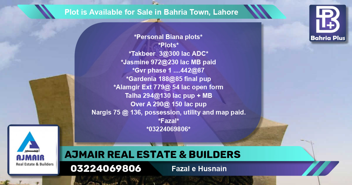 Residential Plot for Sale in Bahria Town, Lahore - (BP-88245)