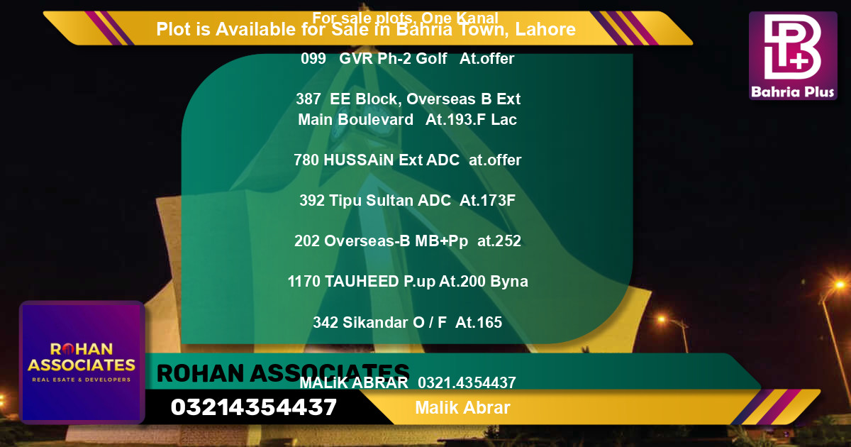 Residential Plot for Sale in Bahria Town, Lahore - (BP-88367)