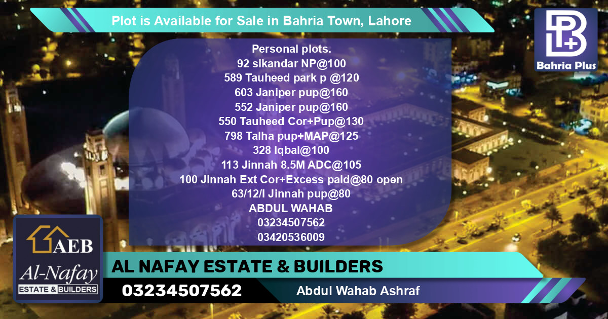 Residential Plot for Sale in Bahria Town, Lahore - (BP-88614)