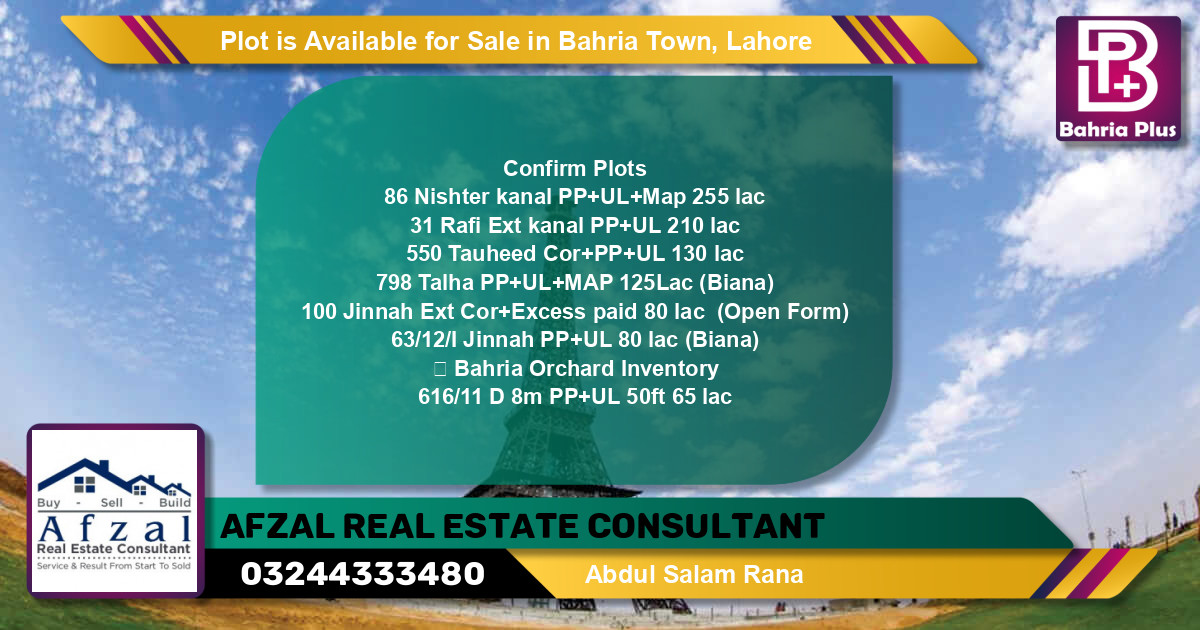 Residential Plot for Sale in Bahria Town, Lahore - (BP-88689)