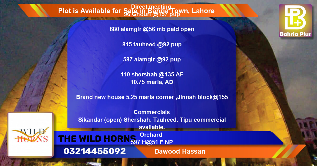 Commercial Plot for Sale in Bahria Town, Lahore - (BP-88931)