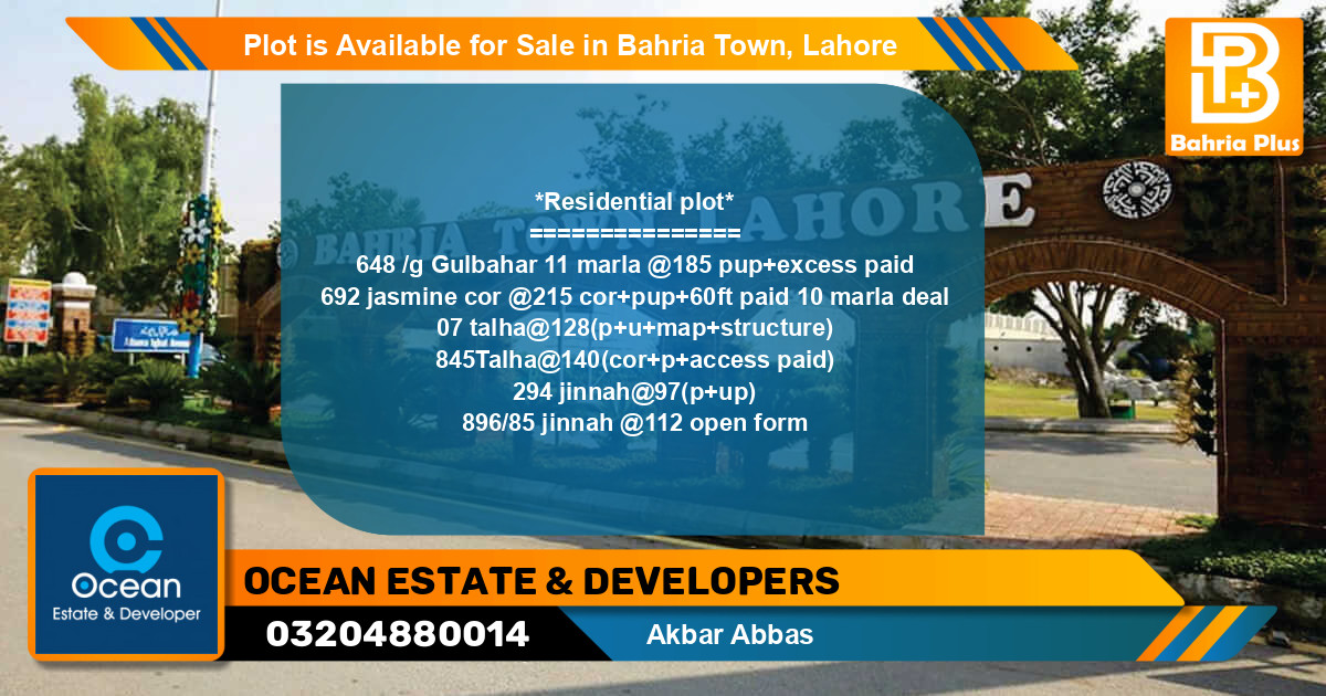 Residential Plot for Sale in Bahria Town, Lahore - (BP-89012)