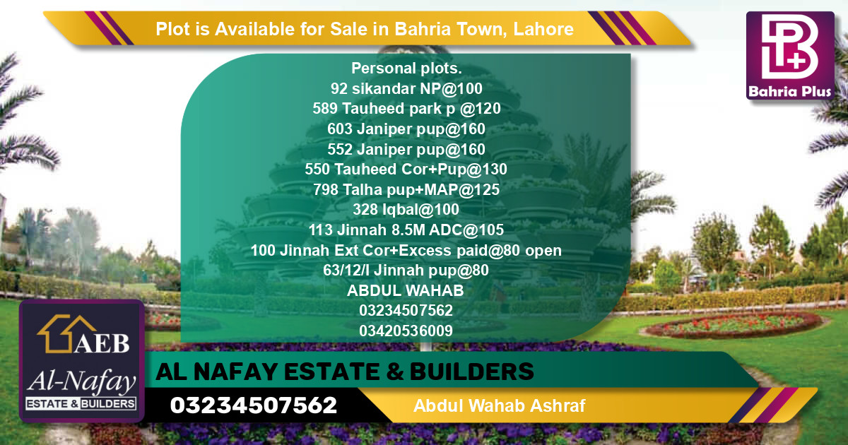 Residential Plot for Sale in Bahria Town, Lahore - (BP-89091)