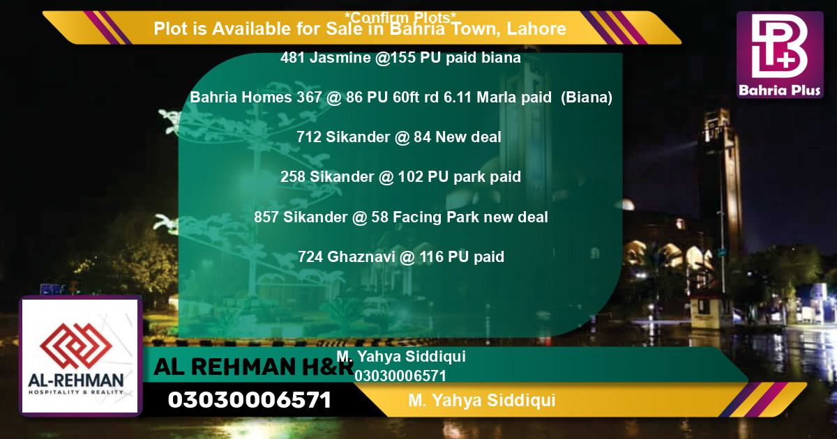 Residential Plot for Sale in Bahria Town, Lahore - (BP-89160)