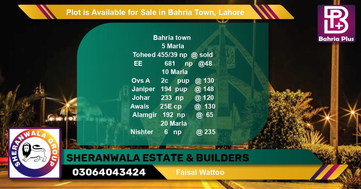 Residential Plot for Sale in Bahria Town, Lahore - (BP-89607)