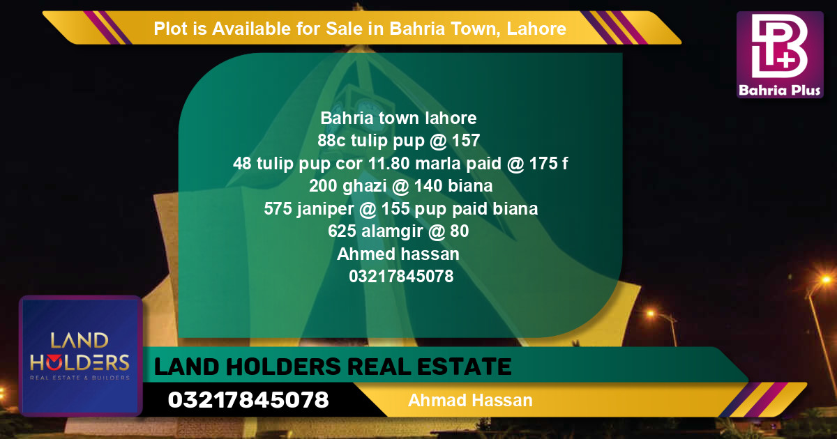 Residential Plot for Sale in Bahria Town, Lahore - (BP-90201)