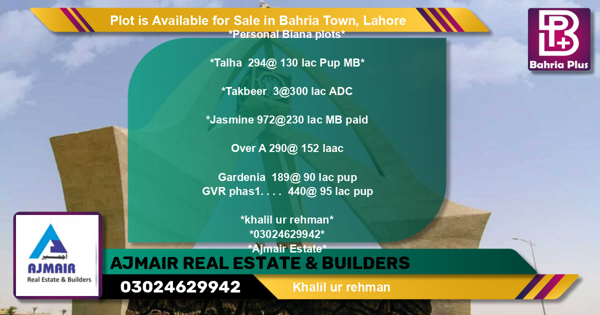 Residential Plot for Sale in Bahria Town, Lahore - (BP-90786)