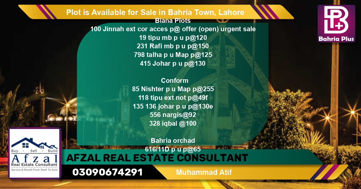 Residential Plot for Sale in Bahria Town, Lahore - (BP-91083)