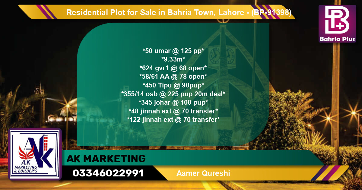 Residential Plot for Sale in Bahria Town, Lahore - (BP-91398)
