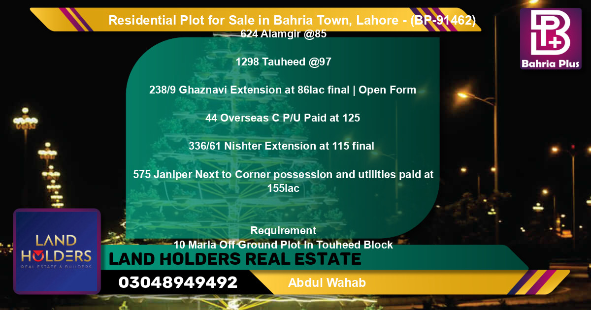 Residential Plot for Sale in Bahria Town, Lahore - (BP-91462)