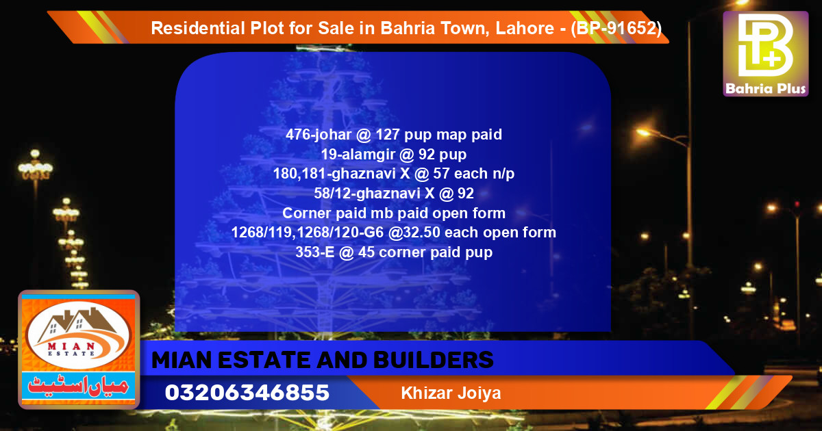 Residential Plot for Sale in Bahria Town, Lahore - (BP-91652)